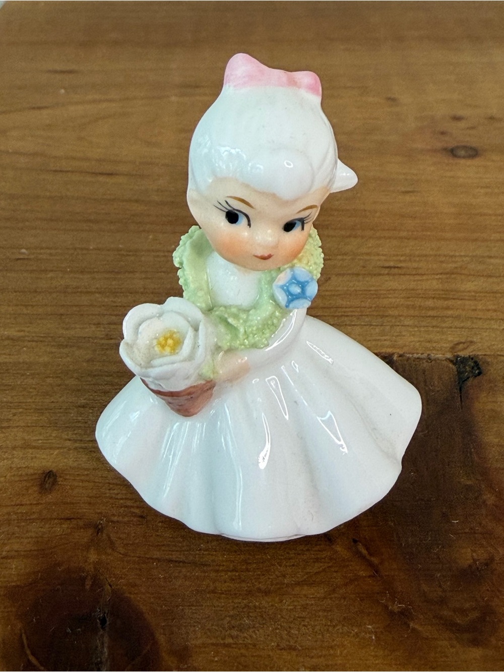 Napcoware vintage bone china mini 2” flower girl figurine holding flower basket